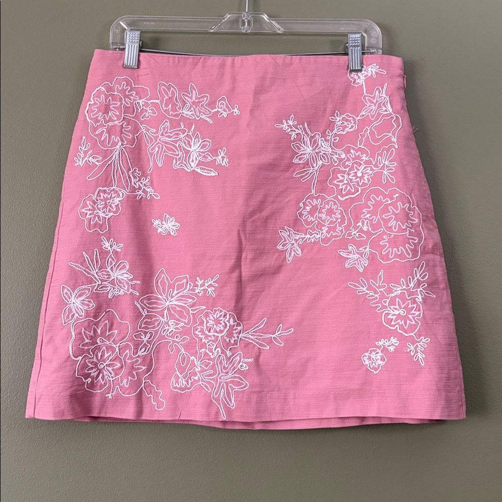 Loft Baby Pink White Floral Embroidered Shift Pencil Cotton Blend Skirt Sz 10 - Picture 2 of 5